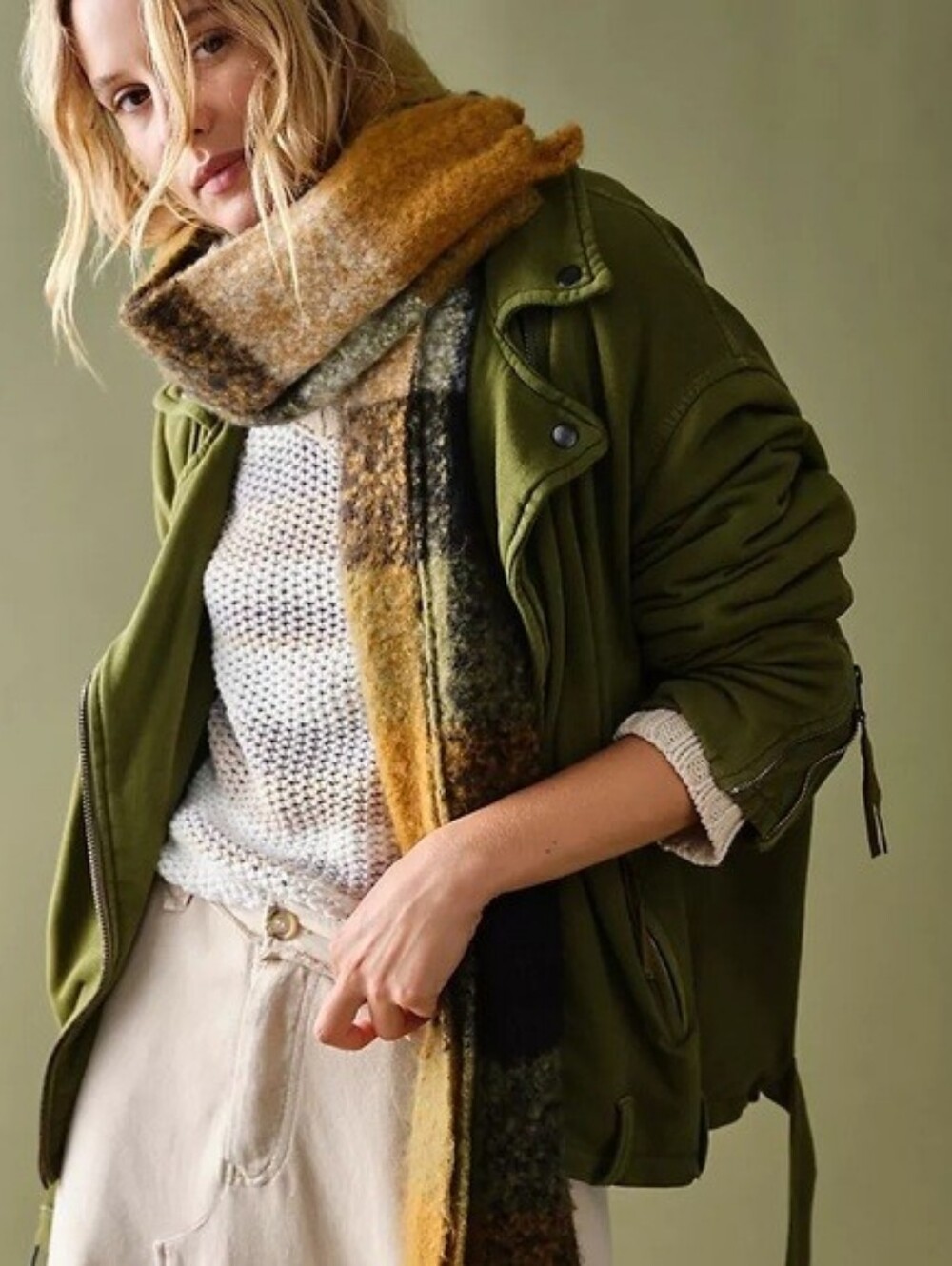 We The Free People REBEL REBEL  Olive Green knit  Utility Moto Jacket flaw Read